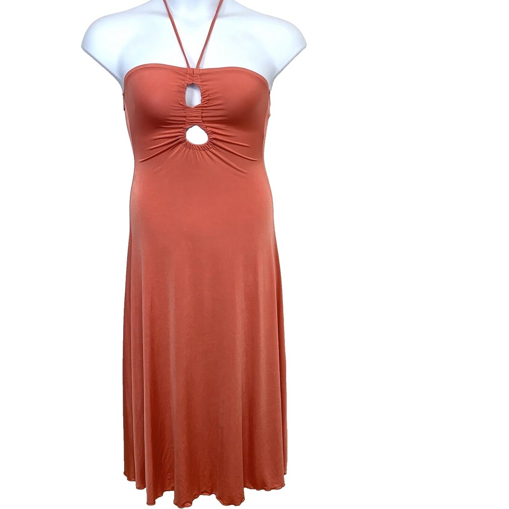 Halter Midi Dress Small Y2K Key Hole Strapless Orange Stretch Knit Feminine